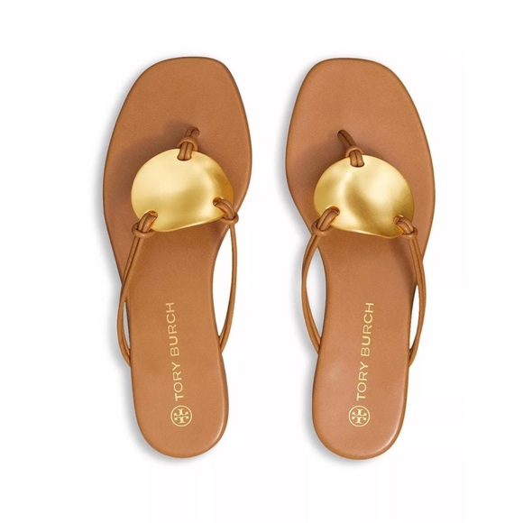 New Tory Burch Tan and Gold Women's Sandals Gold Disk Leather size 5 - Picture 1 of 4